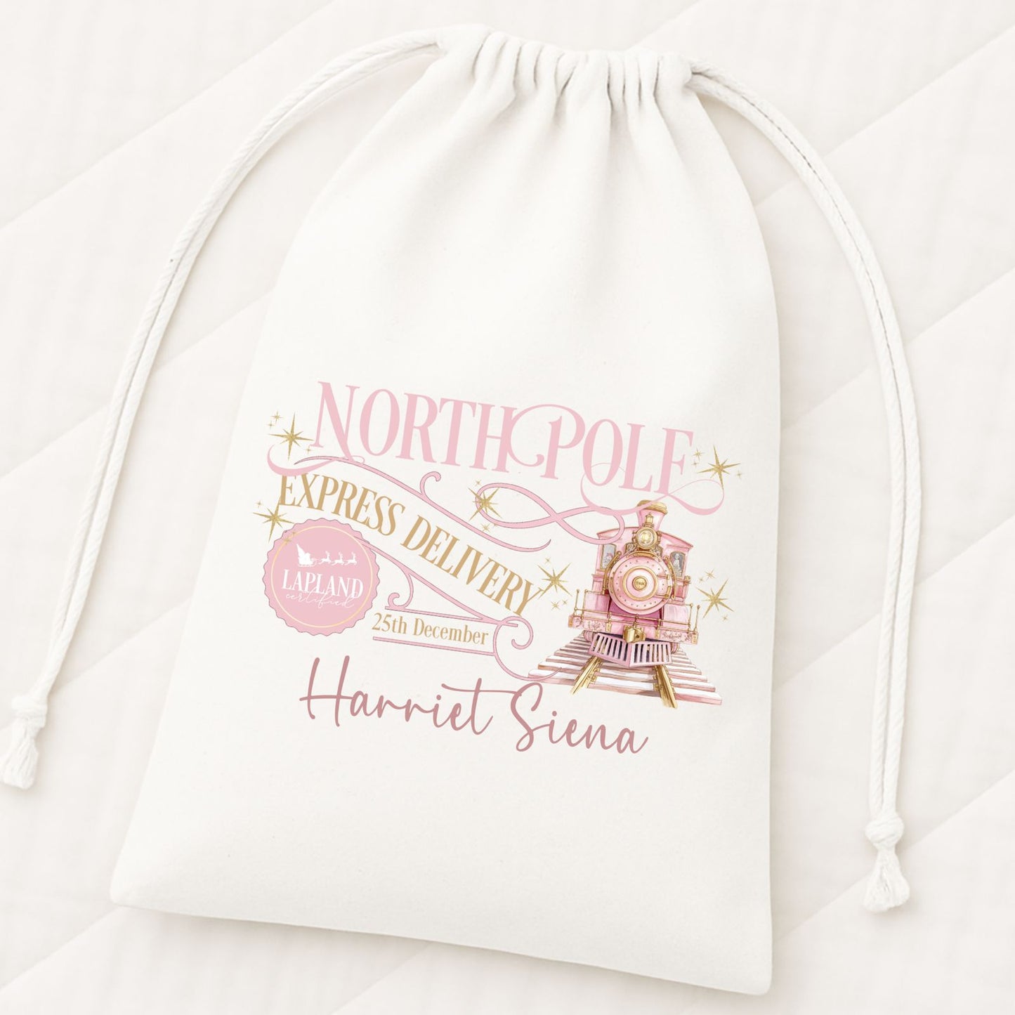 Pink North Pole Drawstring Bag